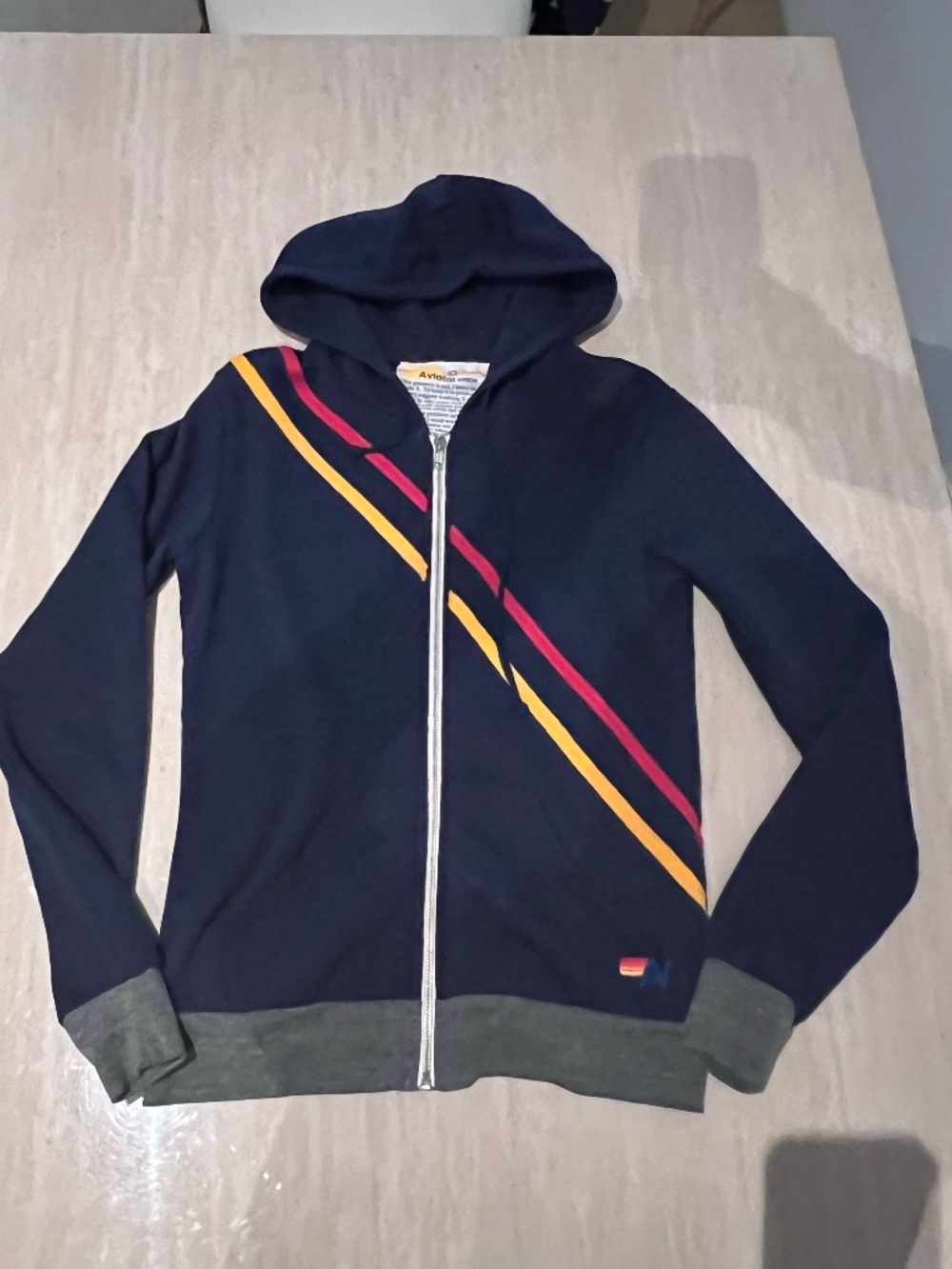 NEW Aviator Nation Navy Blue Red and Yellow Stripes Pray for Surf Zip Hoodie XS